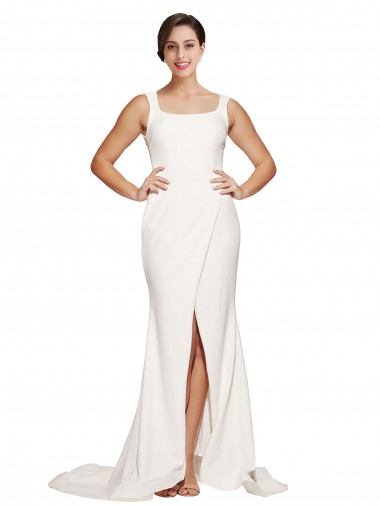 Square Neck Long Sheath Sweep Train Crepe Prom Dress  for Sale