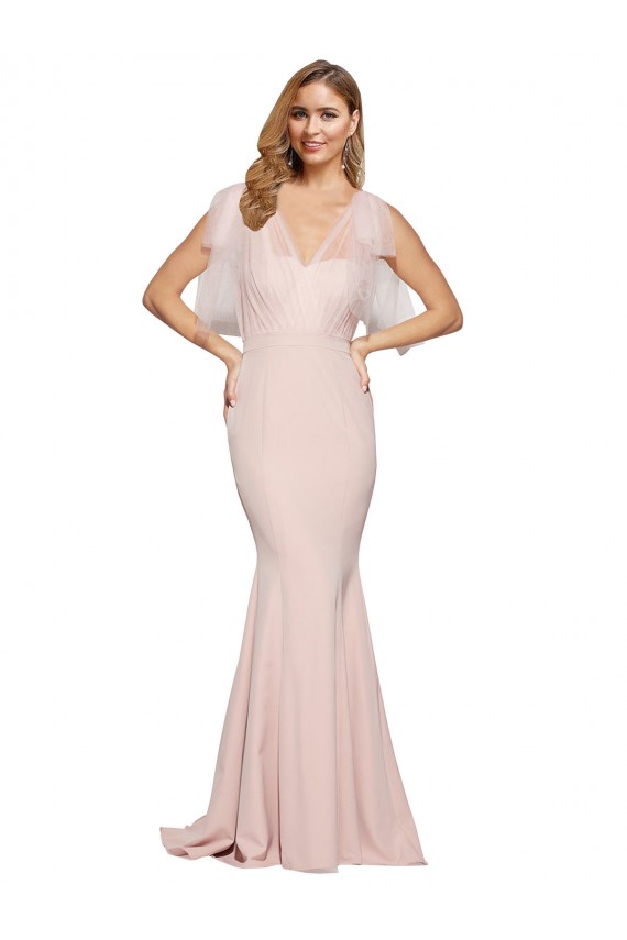 Double Bow Full Length Sweetheart Crepe Prom Dress with Tulle Overlay for Sale