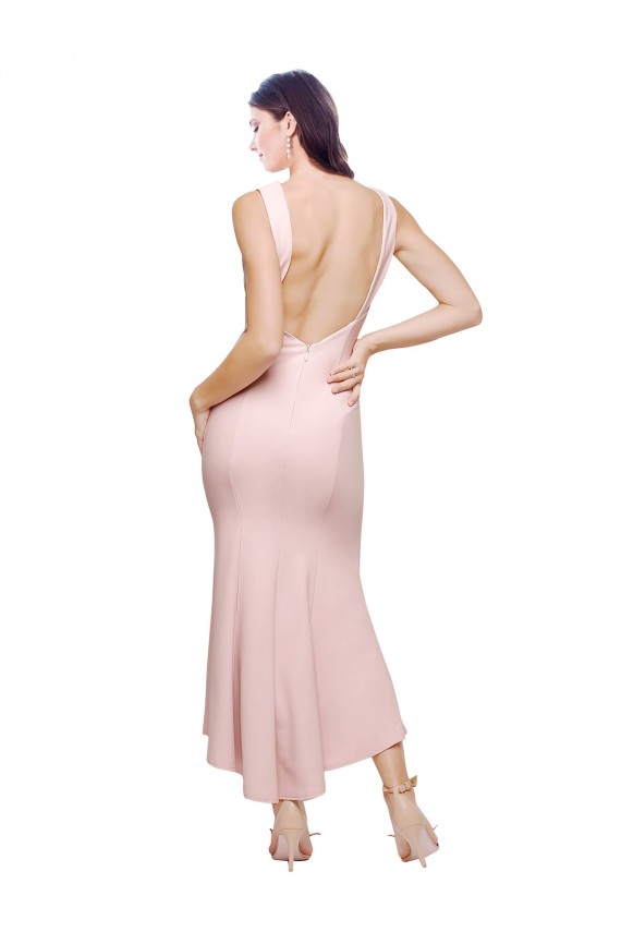 High Neck Low V-Back Midi Length Crepe Cocktail Dress / Prom Dress for Sale