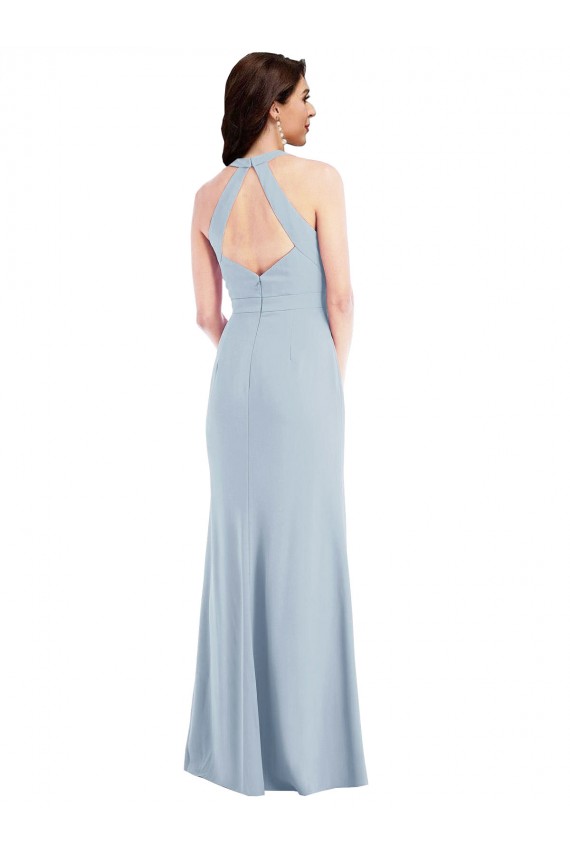 Open Back Halter Maxi Crepe Prom Dress with Draped Bow for Sale
