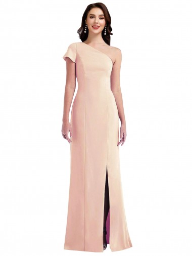 One Shoulder Cap Sleeves Trumpet Crepe Prom Dress with Front Slit for Sale