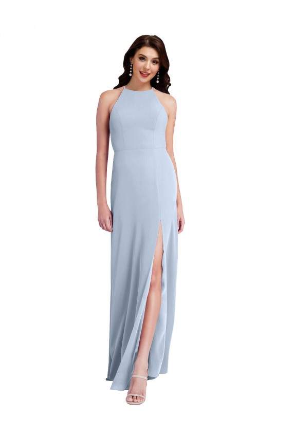 Fit and Flare High Neck Crepe Prom Dress with Side Slit for Sale