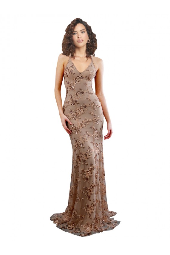 Floral Patterned Backless V-Neckline Sequin Prom Dress for Sale