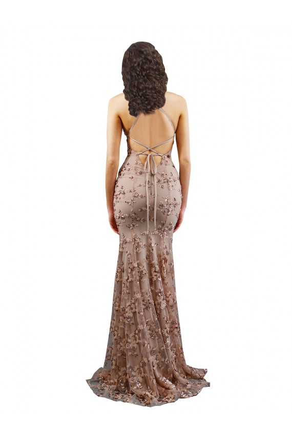Floral Patterned Backless V-Neckline Sequin Prom Dress for Sale