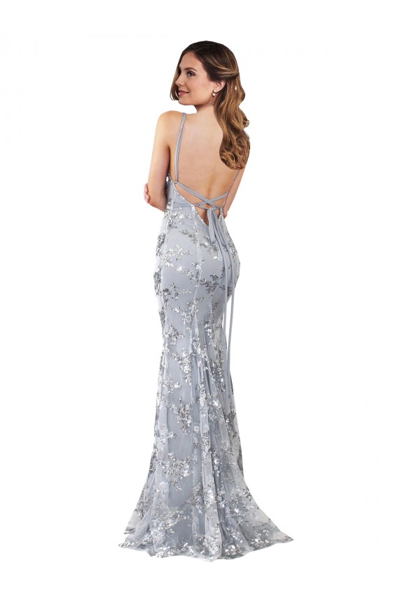 Silver V-Neckline Backless Floral Patterned Sequin Prom Dress for Sale