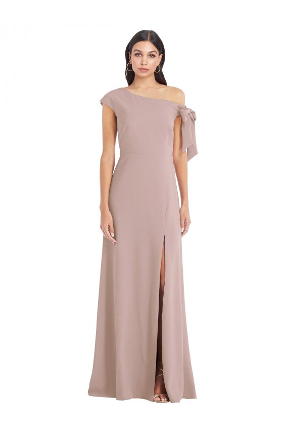 Off the Shoulder Tie Detail Maxi Crepe Prom Dress with Front Slit for Sale
