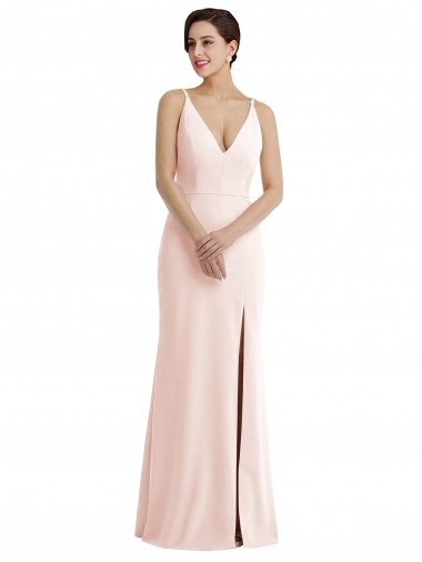Skinny Strap Deep V-Neck Trumpet Crepe Prom Dress with Front Slit for Sale