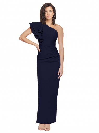 Ruched Floor Length Long Crepe Prom Dress with Shoulder Ruffles for Sale