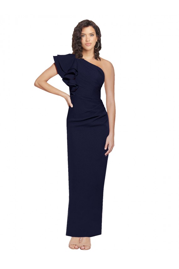 Ruched Floor Length Long Crepe Prom Dress with Shoulder Ruffles for Sale