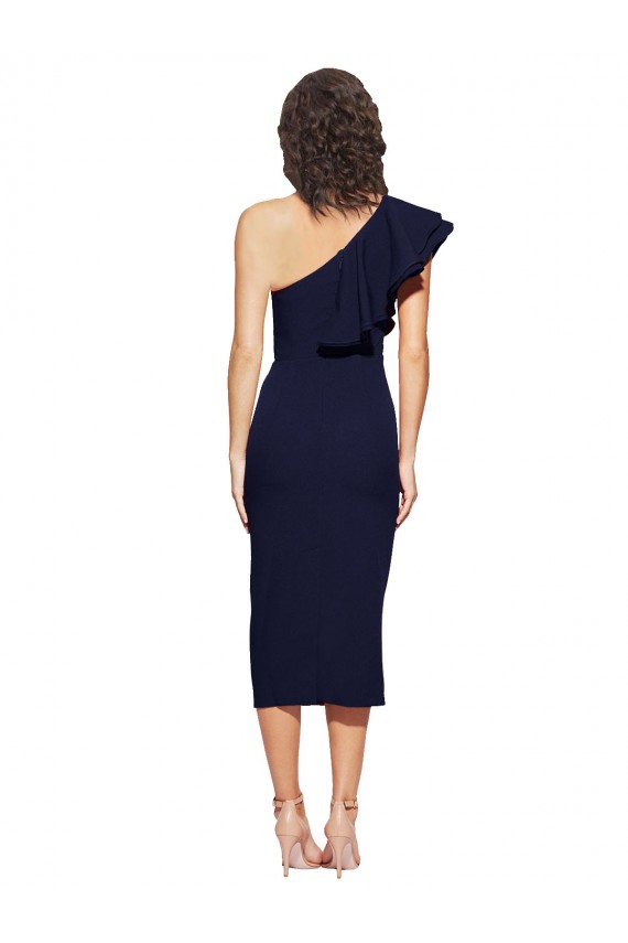 Ruched Midi Length Short Crepe Cocktail Prom Dress / Homecoming Dress with Shoulder Ruffles for Sale
