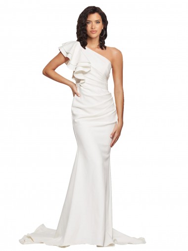 Ruched Long Sweep Train Crepe Prom Dress with Shoulder Ruffles for Sale
