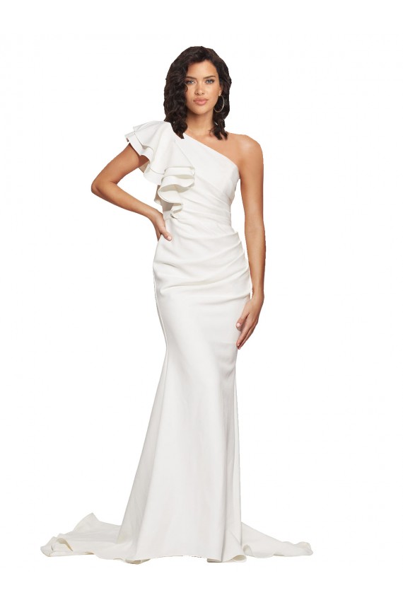 Ruched Long Sweep Train Crepe Prom Dress with Shoulder Ruffles for Sale