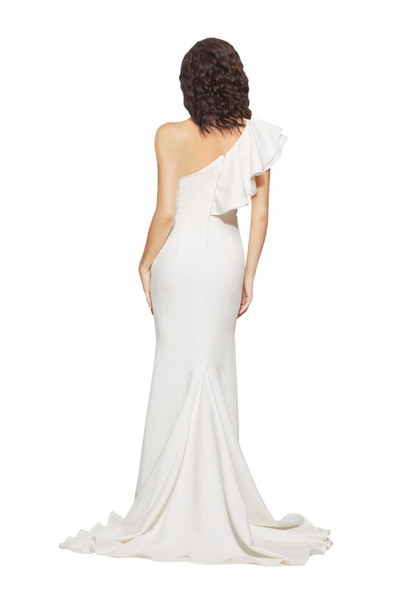 Ruched Long Sweep Train Crepe Prom Dress with Shoulder Ruffles for Sale