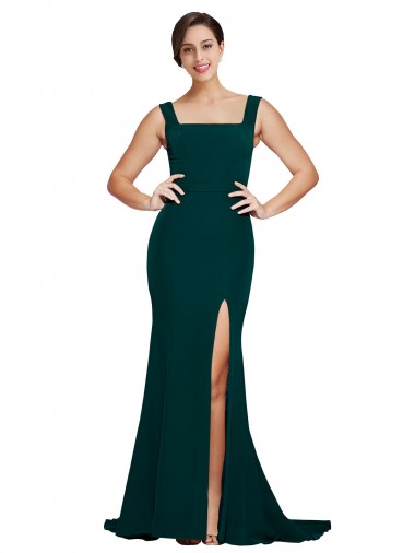 Fitted Square Neck Long Crepe Prom Dress with Train and Side Split for Sale