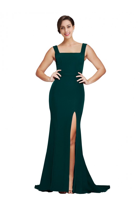 Fitted Square Neck Long Crepe Prom Dress with Train and Side Split for Sale