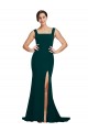Fitted Square Neck Long Crepe Prom Dress with Train and Side Split for Sale