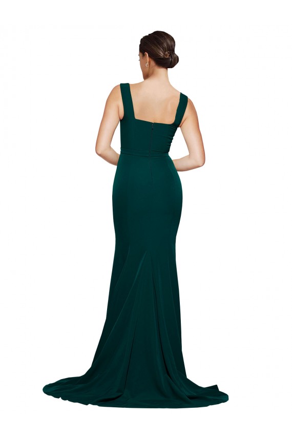 Fitted Square Neck Long Crepe Prom Dress with Train and Side Split for Sale