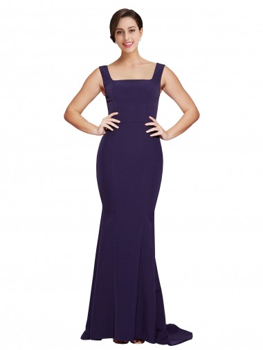 Square Neck Long Sweep Train Crepe Prom Dress with Thick Straps for Sale