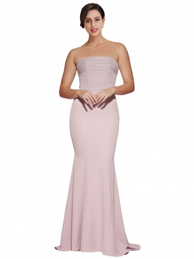 Straight Neck Long Strapless Crepe Prom Dress with Soft Tulle Overlay and Small Train for Sale