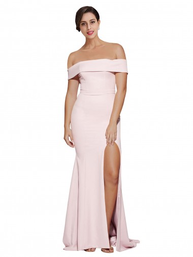 Off Shoulder Long Crepe Prom Dress with Straight Neckline and Side Split for Sale