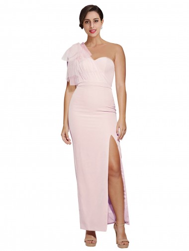 One Shoulder Tulle Overlay Sweetheart Neckline Long Crepe Prom Dress with Thigh Split for Sale
