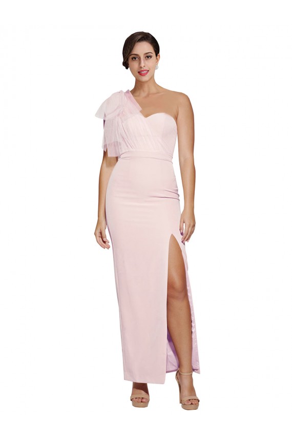 One Shoulder Tulle Overlay Sweetheart Neckline Long Crepe Prom Dress with Thigh Split for Sale