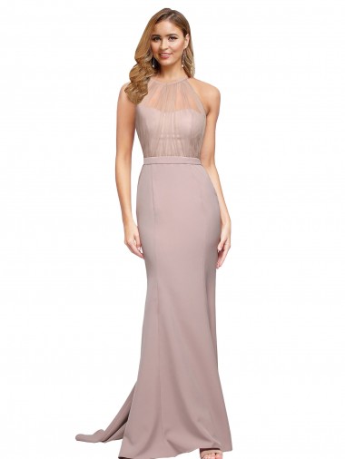 Long Sweetheart Crepe Prom Dress with High Neck Illusion Tulle Details for Sale