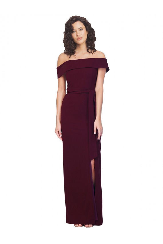 Fitted Full Length Off the Shoulder Crepe Prom Dress with Side Split and Waist Tie for Sale
