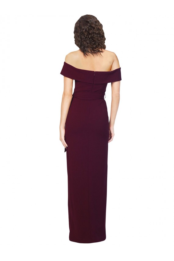 Fitted Full Length Off the Shoulder Crepe Prom Dress with Side Split and Waist Tie for Sale