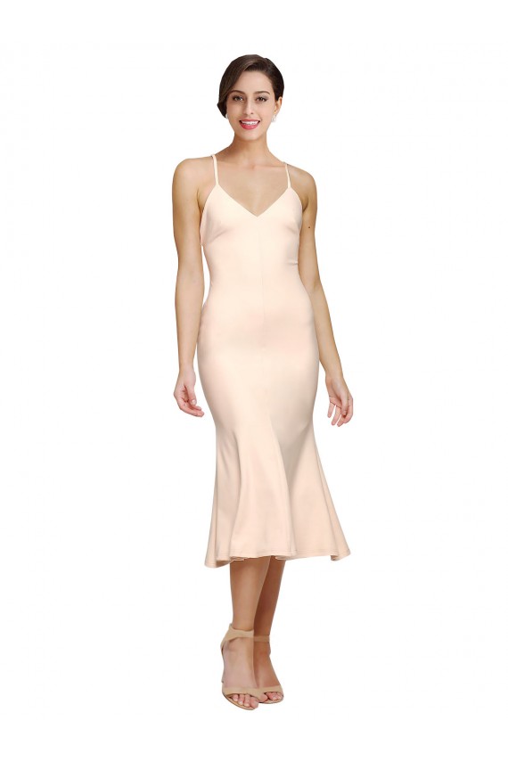 Midi Length V-Neckline Crepe Cocktail Prom Dress / Homecoming Dress with Thin Straps and Fulted Skirt for Sale