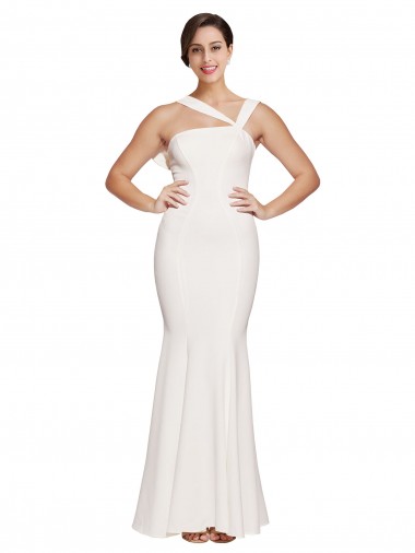 Full Length Square Neck Crepe Prom Dress with Asymmetrical Straps and Bow Back for Sale