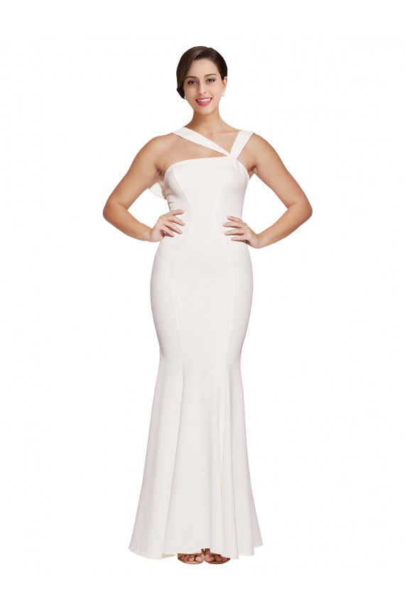 Full Length Square Neck Crepe Prom Dress with Asymmetrical Straps and Bow Back for Sale