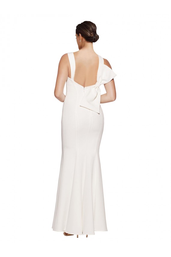 Full Length Square Neck Crepe Prom Dress with Asymmetrical Straps and Bow Back for Sale