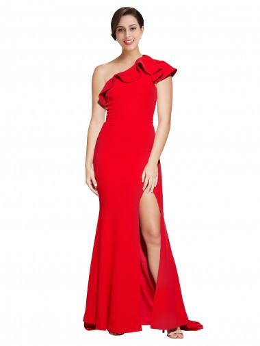 One Shoulder Long Sweep Train Crepe Prom Dress with Thigh High Split for Sale