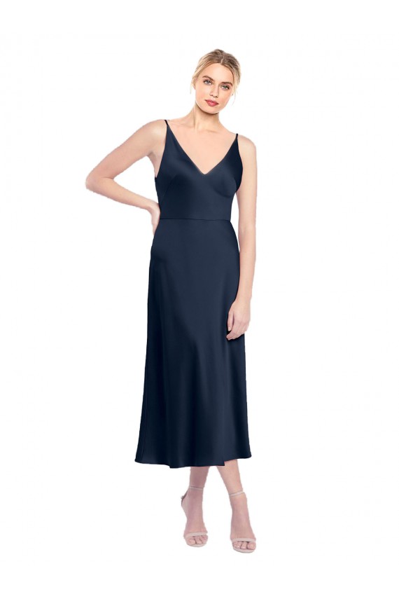 V-Neck Midi Length Short Stretch Satin Cocktail Prom Dress / Homecoming Dress V-Back for Sale
