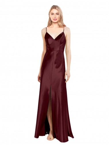 Sleek Spaghetti Straps V-Neck Stretch Satin Prom Dress with Center Front Slit for Sale