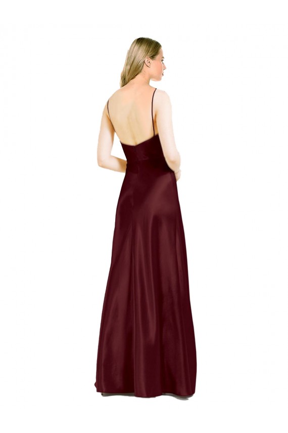 Sleek Spaghetti Straps V-Neck Stretch Satin Prom Dress with Center Front Slit for Sale