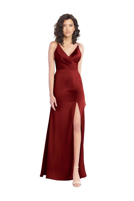 Faux Surplice Neckline Long Slim A-Line Stretch Satin Prom Dress for Sale