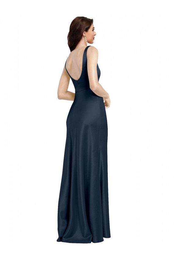 Square Neck A-Line Long Stretch Satin Prom Dress with Wide Straps for Sale
