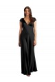 Plunging V-Neck Cap Cleeves Long Stretch Satin Prom Dress with Keyhole Back for Sale