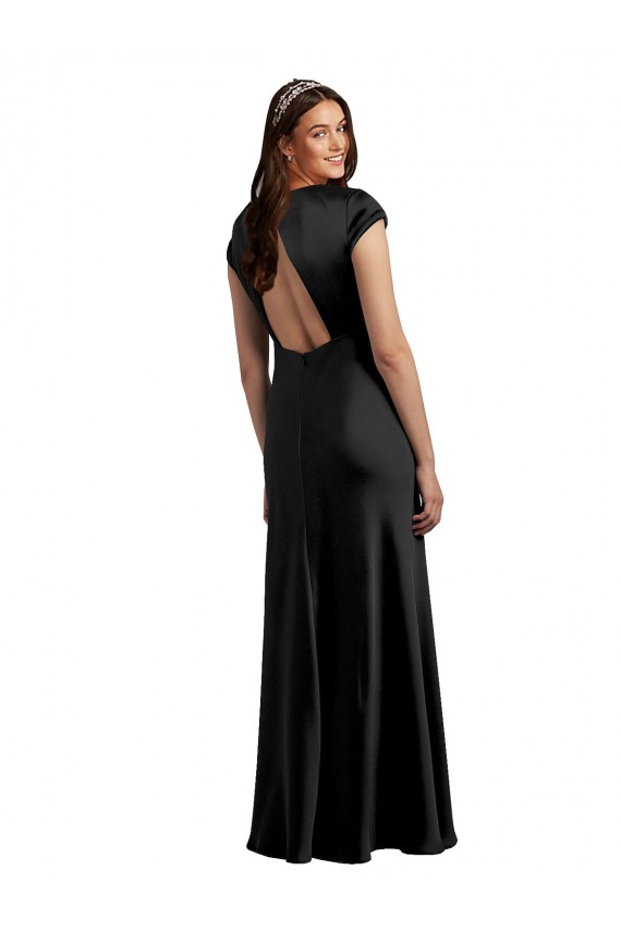 Plunging V-Neck Cap Cleeves Long Stretch Satin Prom Dress with Keyhole Back for Sale