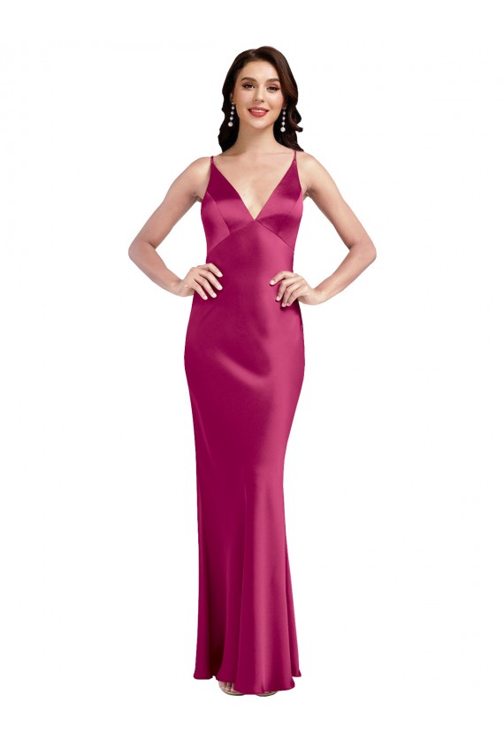 V-Neck Spaghetti Straps Slim Stretch Satin Prom Dress with Low Scoop Back for Sale