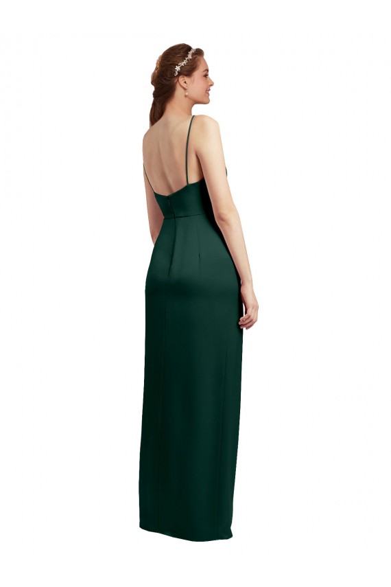 Sleek Straight Neckline Long Wrap Stretch Satin Prom Dress with Angled Pleats for Sale