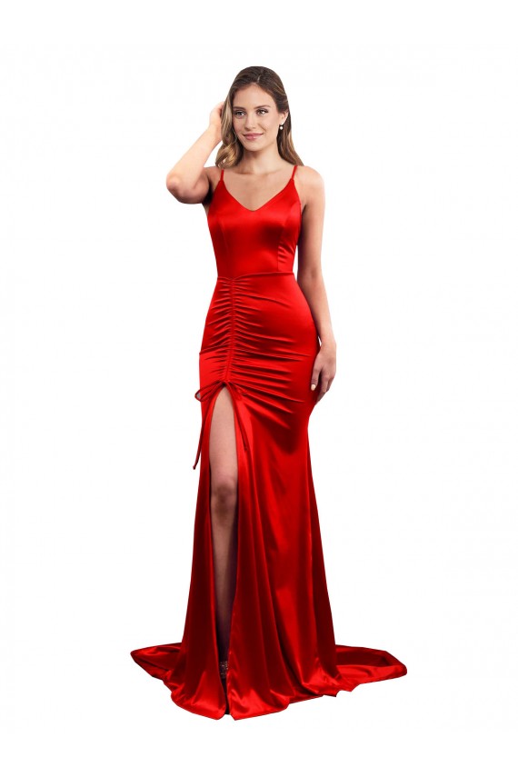 Long Pleated Stretch Satin Prom Dress with High Slit for Sale