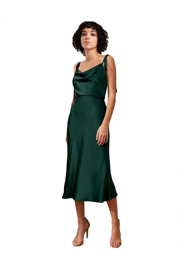 Spaghetti Straps Tie Shoulders Cowl Neck Short Midi Length Stretch Satin Cocktail Prom Dress / Homecoming Dress for Sale