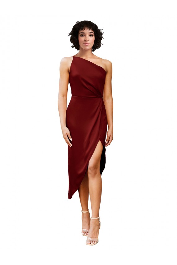 One Shoulder Midi Length Short Stretch Satin Wrap Style Cocktail Prom Dress / Homecoming Dress for Sale