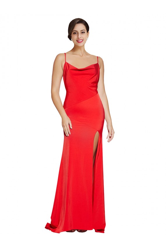 Low Back Cowl Neck Stretch Satin Prom Dress with High Side Slit for Sale