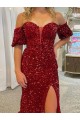 Off the Shoulder Short Sleeves Long Floor Length Velvet Sequin Prom Dress with High Slit for Sale