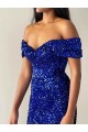 Mermaid Off the Shoulder Sleeveless Long Sweep Train Velvet Sequin Prom Dress for Sale