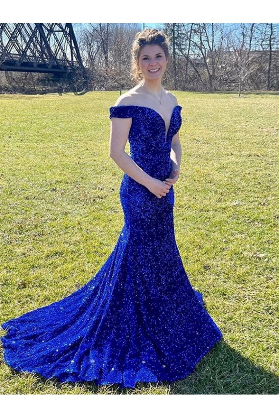 Off the Shoulder Sleeveless Long Sweep Train Velvet Sequin Prom Dress for Sale